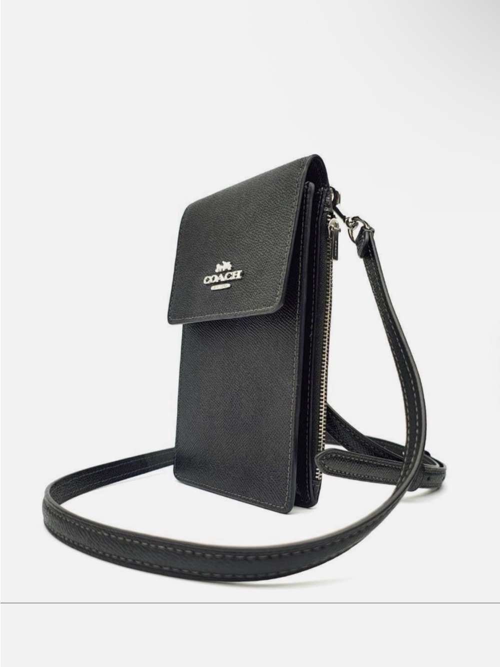 COACH Black Textured Leather Crossbody Wallet with Silver Logo